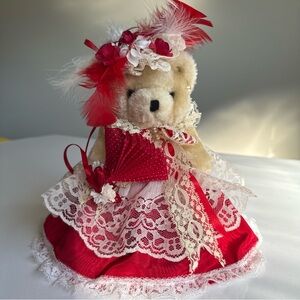 Vtg Victorian Jointed Limbs teddy bear red dress Feathers Flowers Lace Pearls